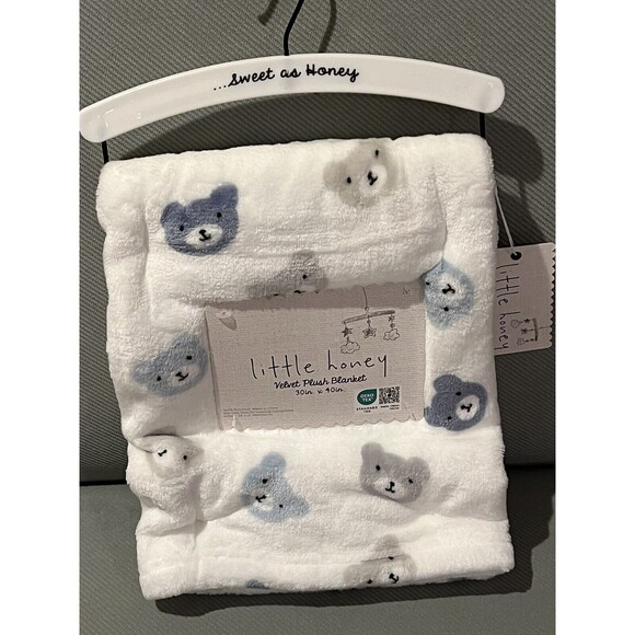 Little Honey Teddy Bear Baby Blanket Lightweight White Velvet Plush Unisex New - Picture 1 of 4